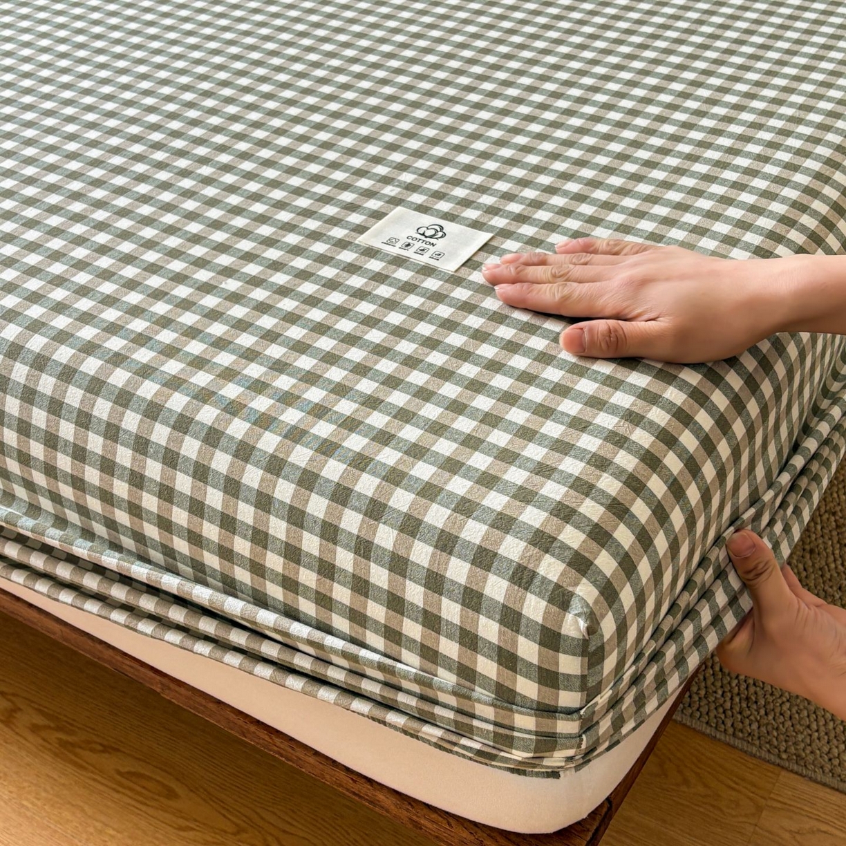 91家纺网 家纺一手货源 找家纺 居眠 2026新款单层色织水洗格子全棉床笠 单层款-绿小格