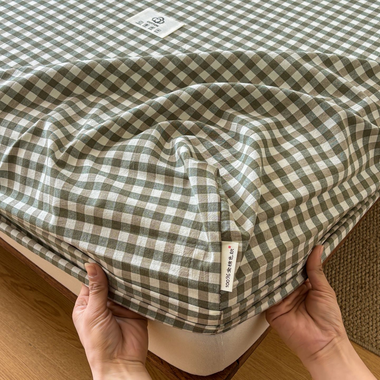 91家纺网 家纺一手货源 找家纺 居眠 2026新款单层色织水洗格子全棉床笠 单层款-绿小格