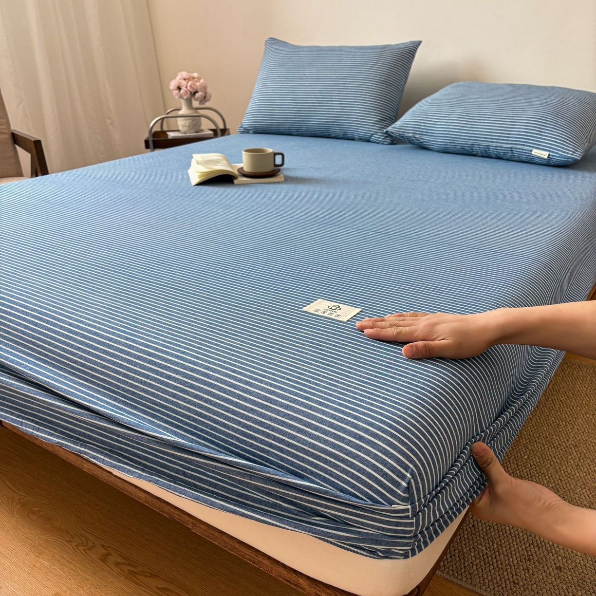 居眠 2026新款单层色织水洗格子全棉床笠 单层款-蓝细条