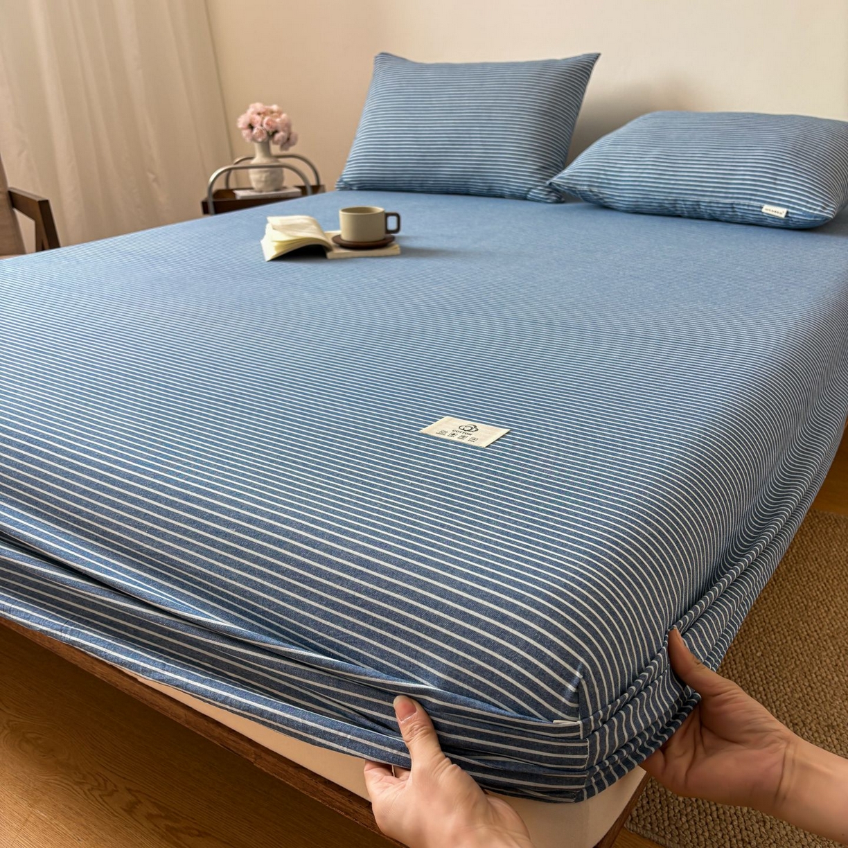 91家纺网 家纺一手货源 找家纺 居眠 2026新款单层色织水洗格子全棉床笠 单层款-蓝细条