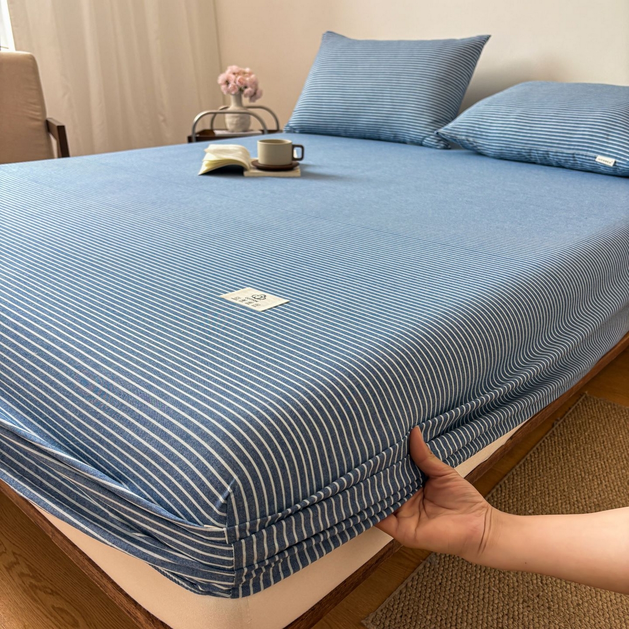 91家纺网 家纺一手货源 找家纺 居眠 2026新款单层色织水洗格子全棉床笠 单层款-蓝细条