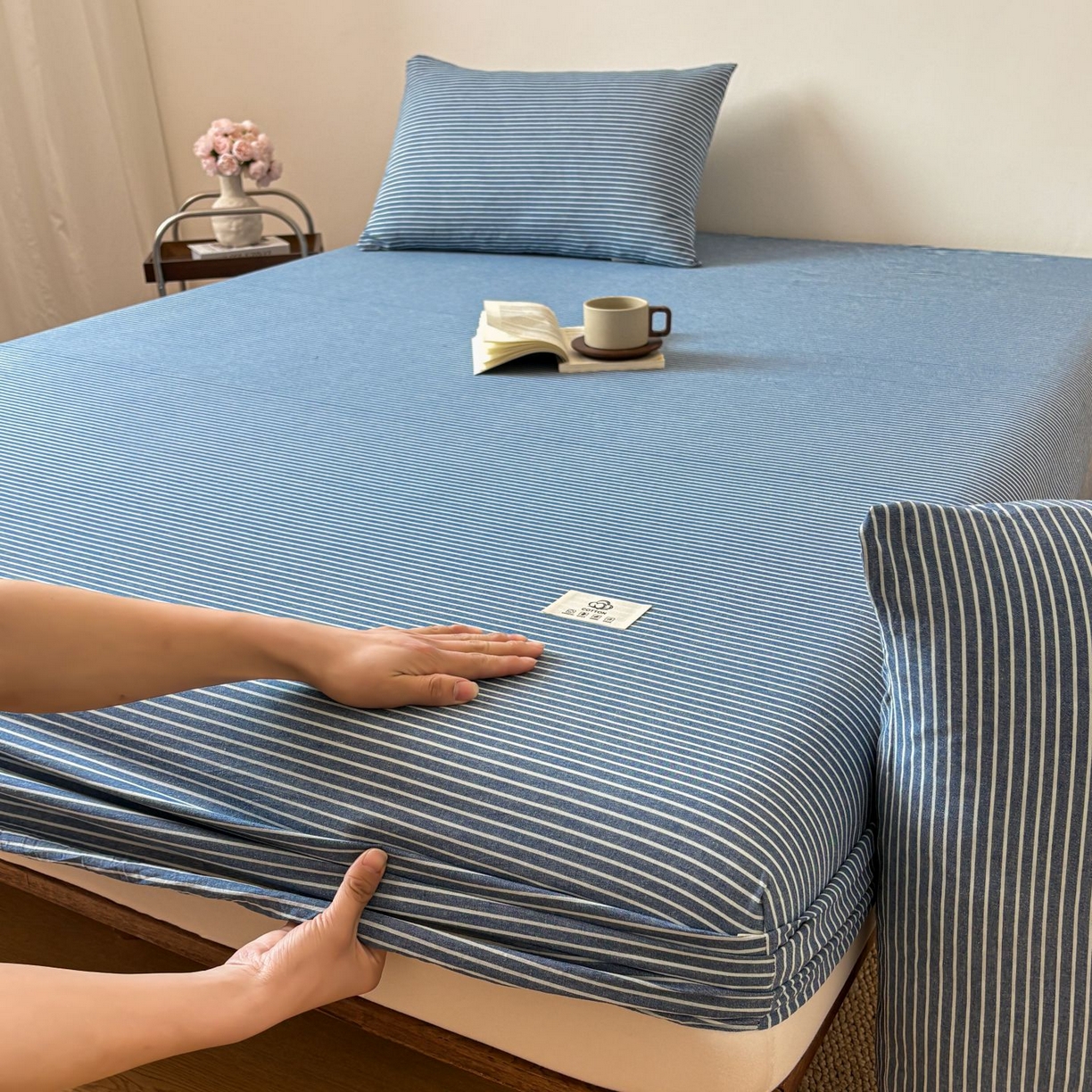 91家纺网 家纺一手货源 找家纺 居眠 2026新款单层色织水洗格子全棉床笠 单层款-蓝细条