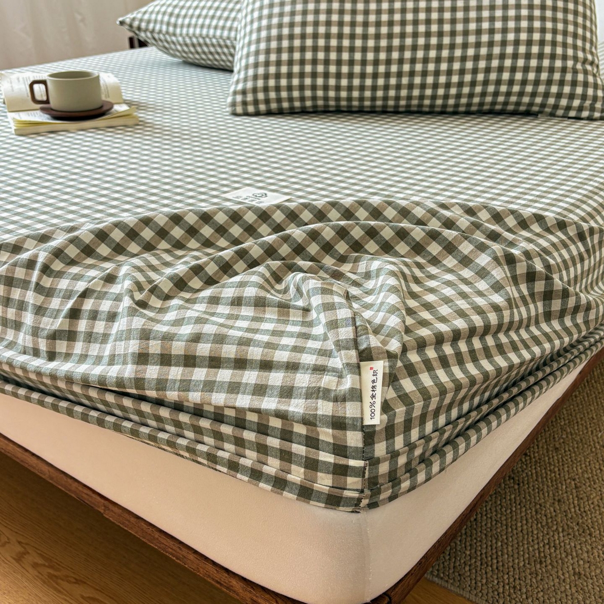 91家纺网 家纺一手货源 找家纺 居眠 2026新款单层色织水洗格子全棉床笠 单层款-绿小格