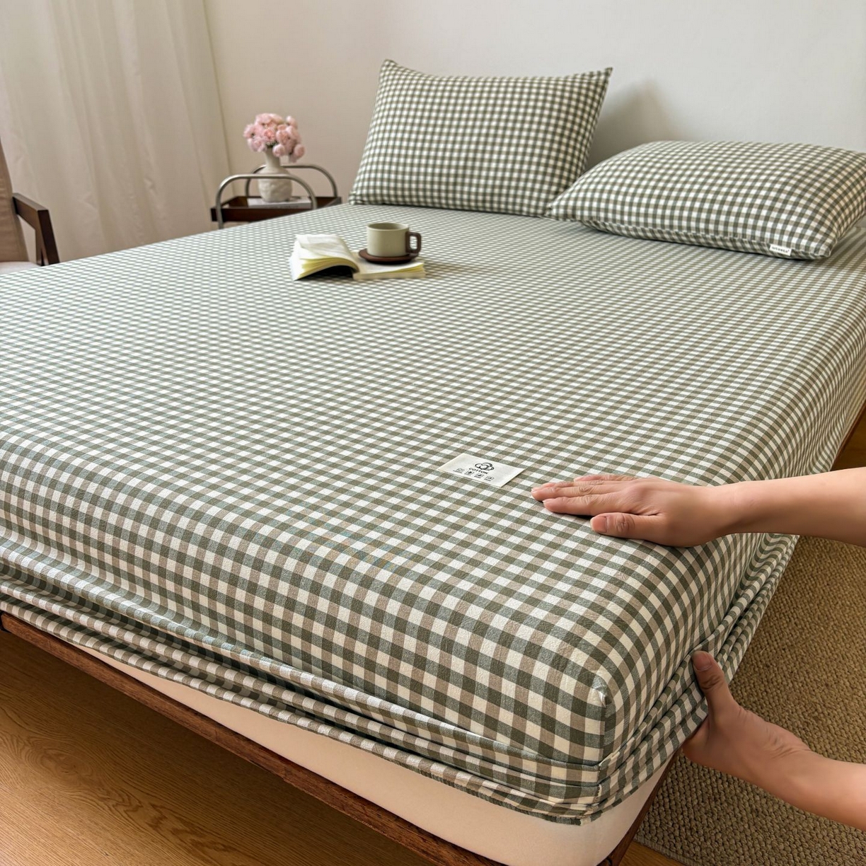 居眠 2026新款单层色织水洗格子全棉床笠 单层款-绿小格
