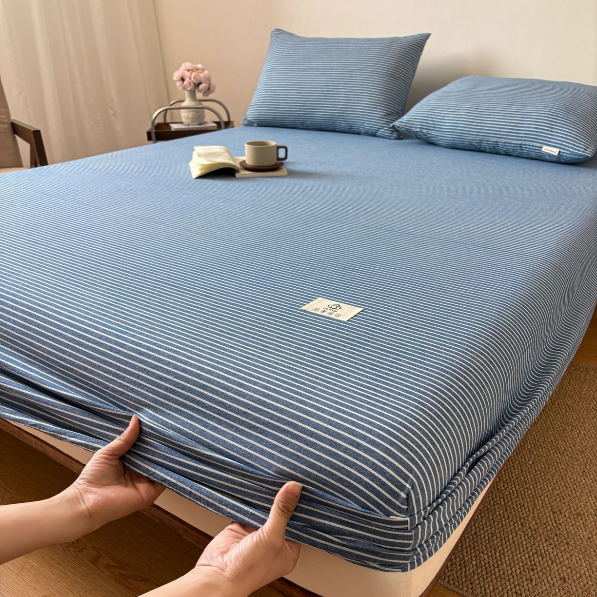 91家纺网 家纺一手货源 找家纺 居眠 2026新款单层色织水洗格子全棉床笠 单层款-蓝细条