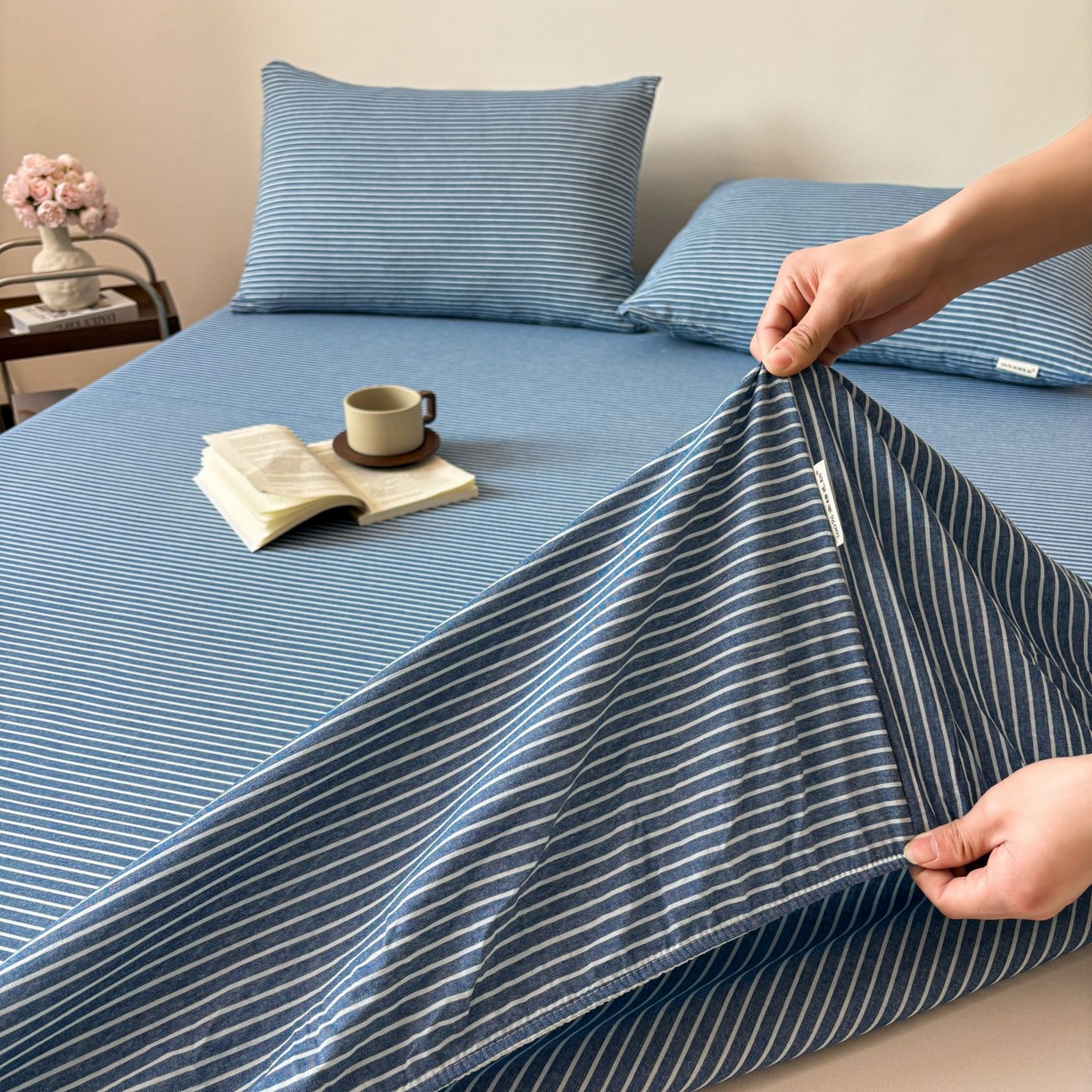 91家纺网 家纺一手货源 找家纺 居眠 2026新款单层色织水洗格子全棉床笠 单层款-蓝细条