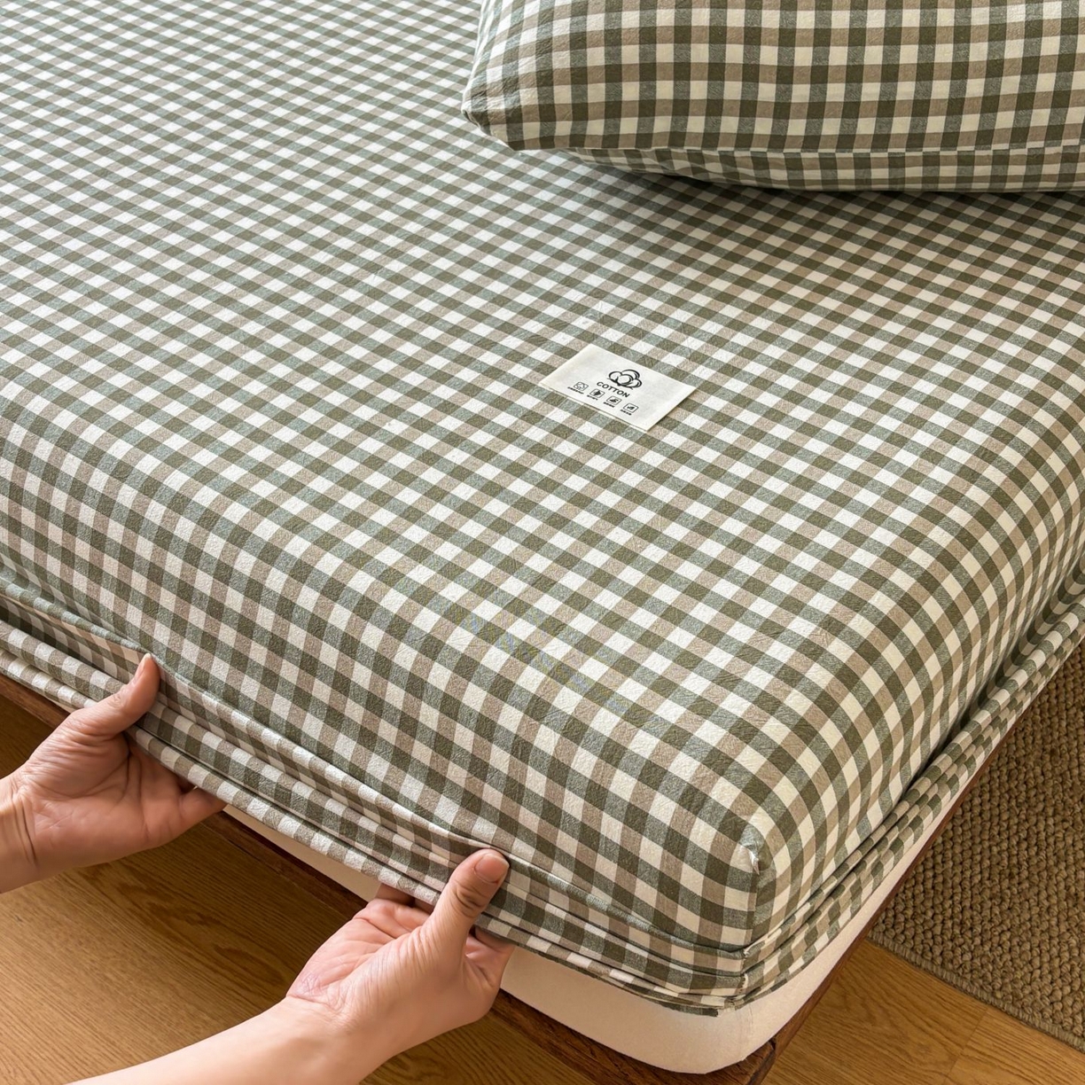 91家纺网 家纺一手货源 找家纺 居眠 2026新款单层色织水洗格子全棉床笠 单层款-绿小格