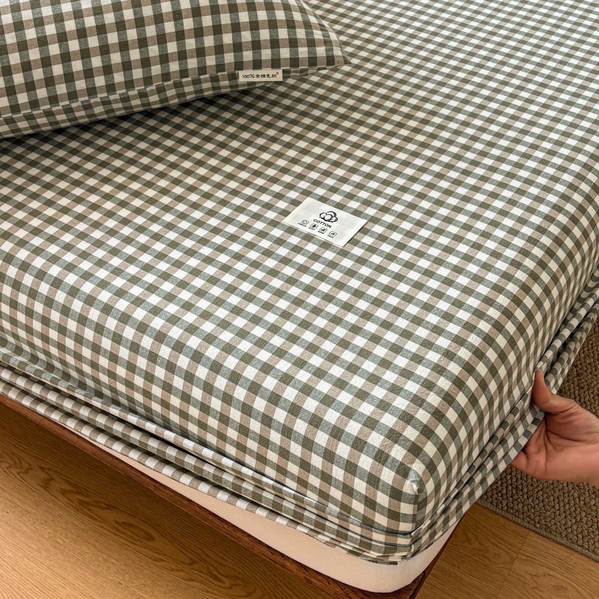 91家纺网 家纺一手货源 找家纺 居眠 2026新款单层色织水洗格子全棉床笠 单层款-绿小格