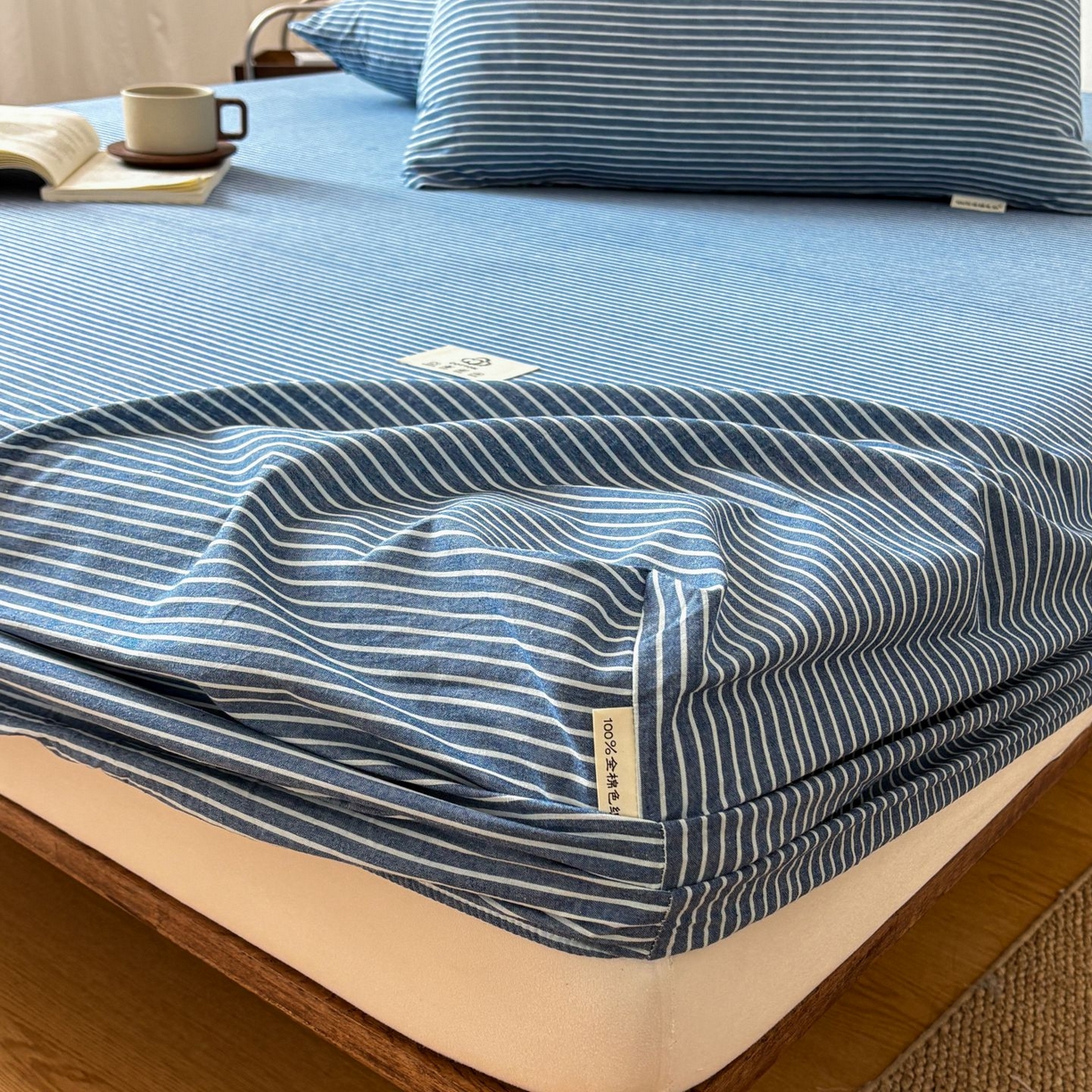 91家纺网 家纺一手货源 找家纺 居眠 2026新款单层色织水洗格子全棉床笠 单层款-蓝细条