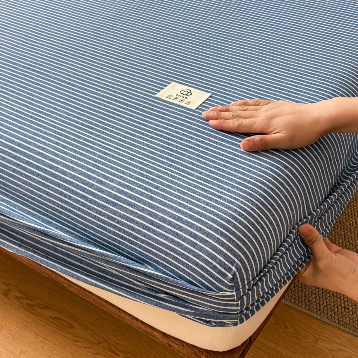 91家纺网 家纺一手货源 找家纺 居眠 2026新款单层色织水洗格子全棉床笠 单层款-蓝细条