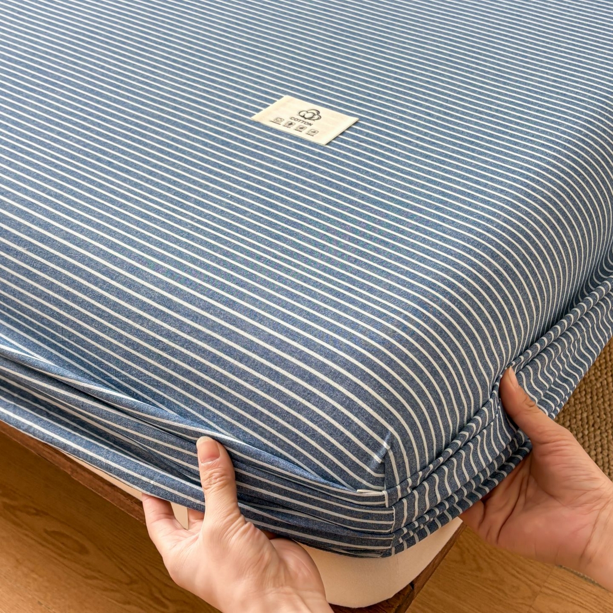 91家纺网 家纺一手货源 找家纺 居眠 2026新款单层色织水洗格子全棉床笠 单层款-蓝细条