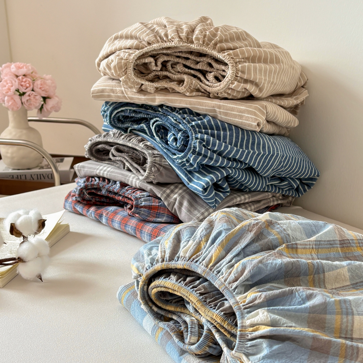 91家纺网 家纺一手货源 找家纺 （总）居眠 2026新款单层色织水洗格子全棉床笠