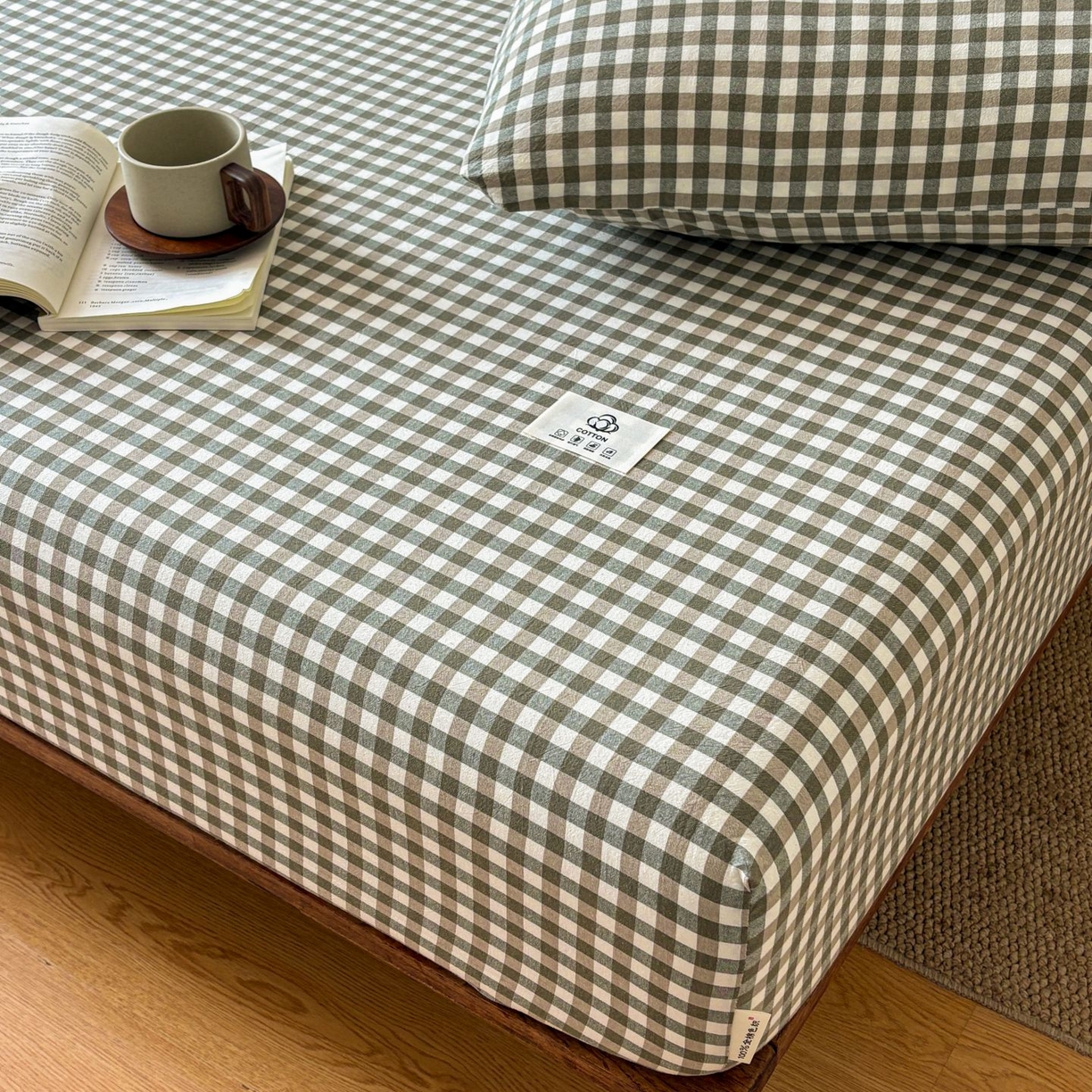 91家纺网 家纺一手货源 找家纺 居眠 2026新款单层色织水洗格子全棉床笠 单层款-绿小格
