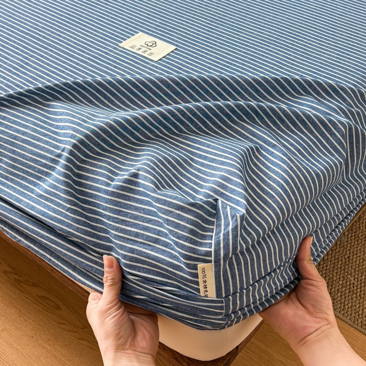 91家纺网 家纺一手货源 找家纺 居眠 2026新款单层色织水洗格子全棉床笠 单层款-蓝细条