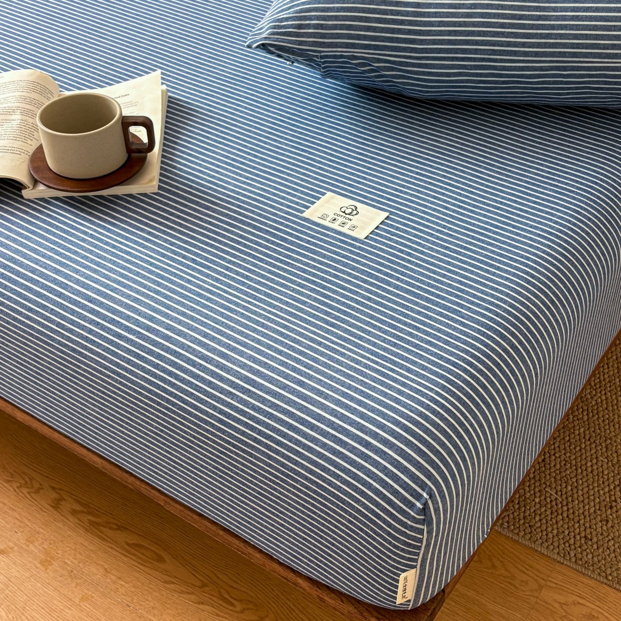 91家纺网 家纺一手货源 找家纺 居眠 2026新款单层色织水洗格子全棉床笠 单层款-蓝细条