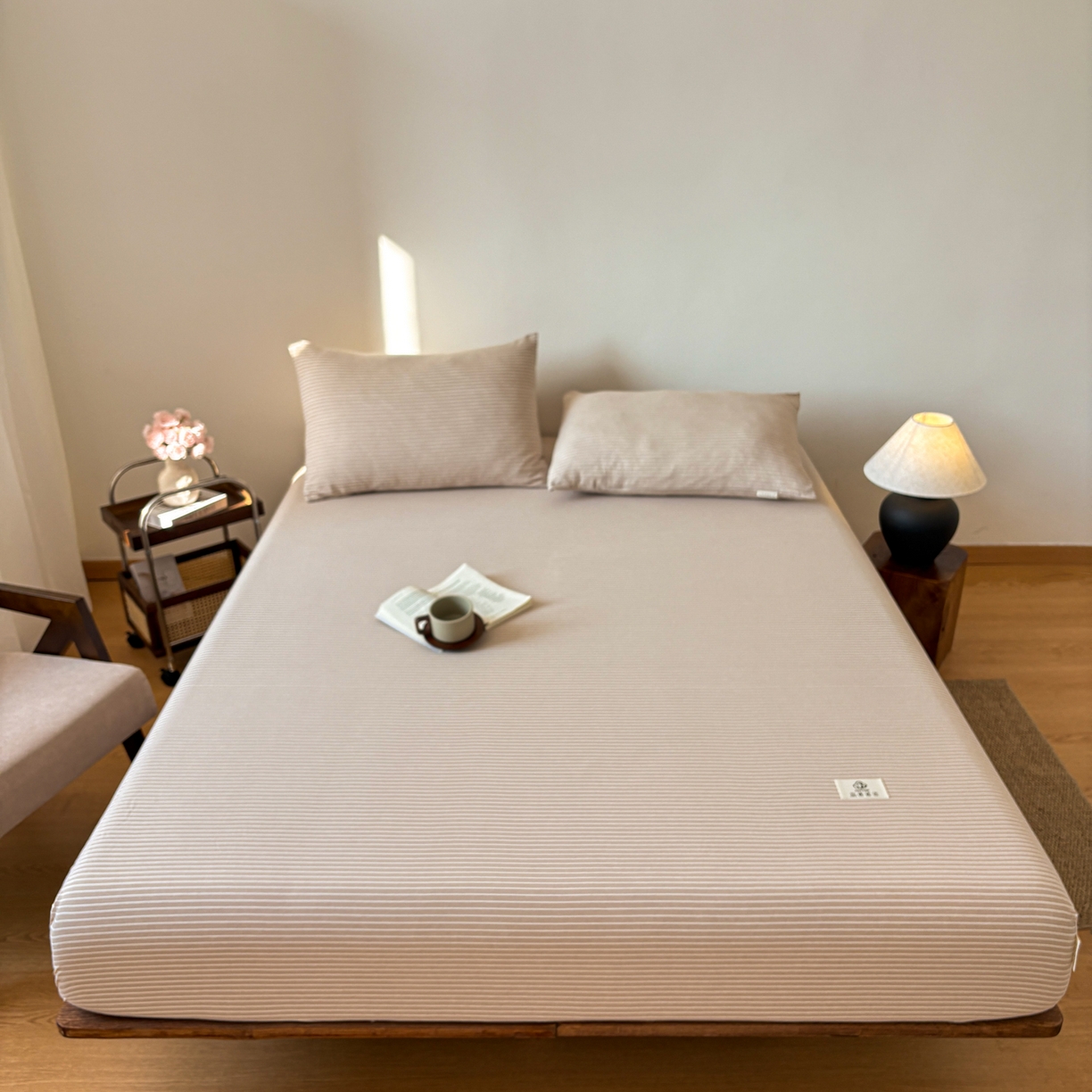 91家纺网 家纺一手货源 找家纺 居眠 2026新款单层色织水洗格子全棉床笠 单层款-米细条