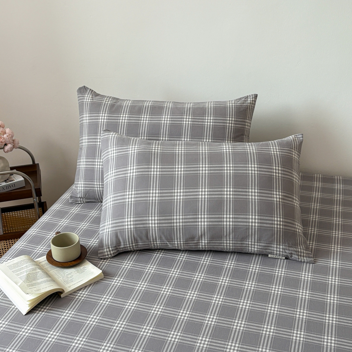 91家纺网 家纺一手货源 找家纺 居眠 2026新款单层色织水洗格子全棉床笠 单层款-马丁灰