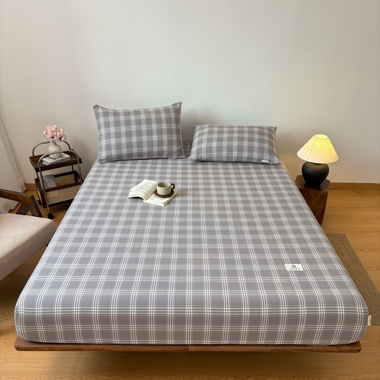 91家纺网 家纺一手货源 找家纺 居眠 2026新款单层色织水洗格子全棉床笠 单层款-马丁灰