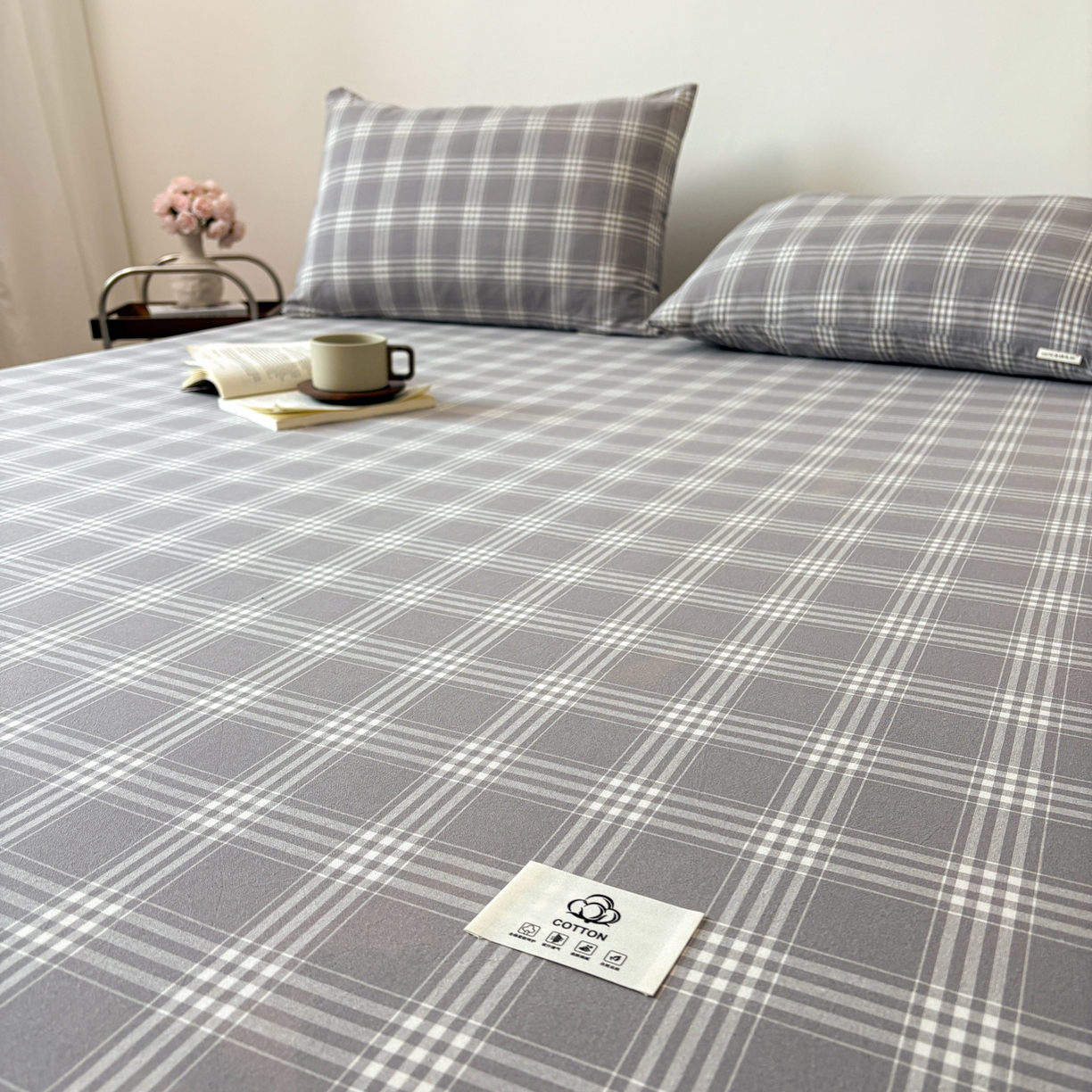91家纺网 家纺一手货源 找家纺 居眠 2026新款单层色织水洗格子全棉床笠 单层款-马丁灰