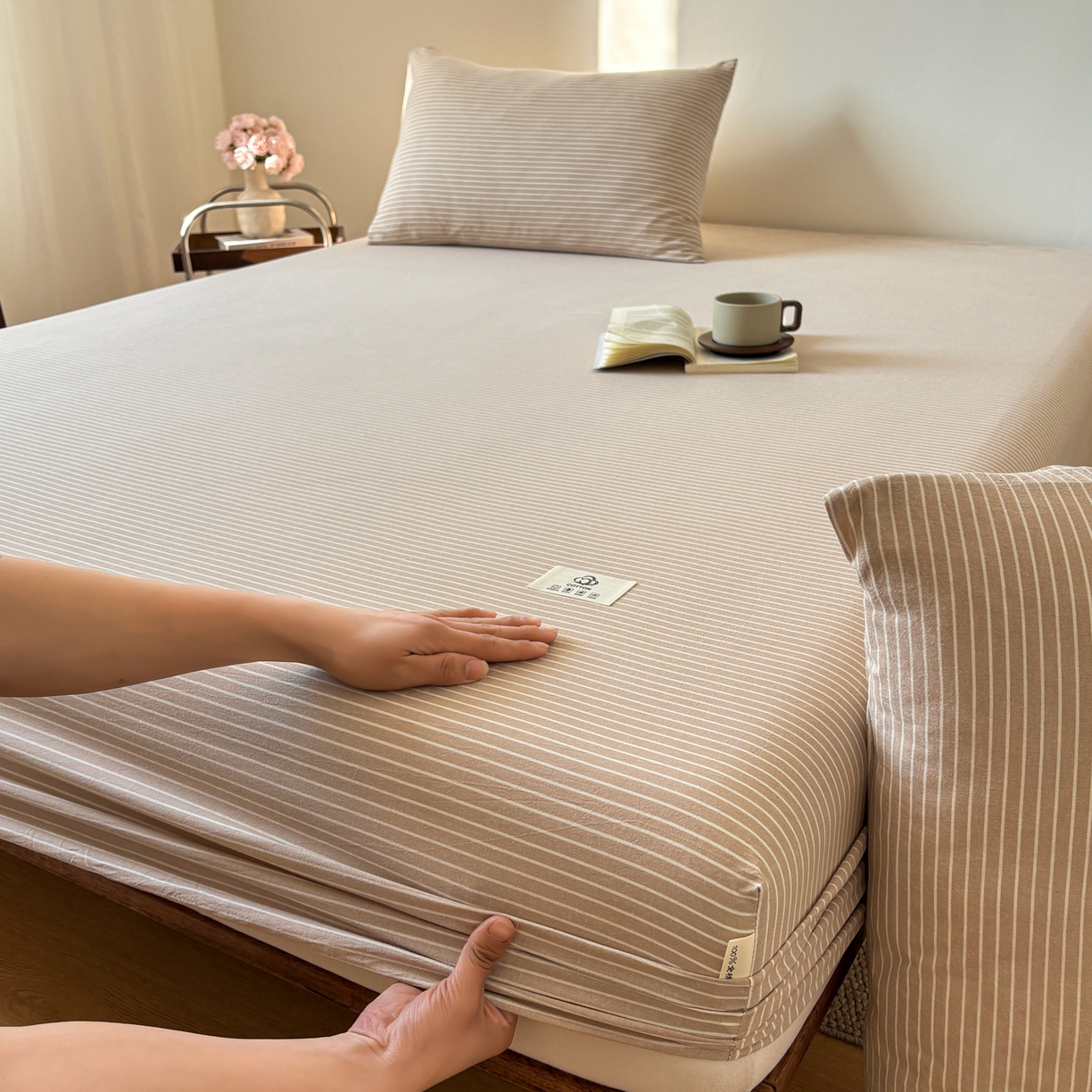 91家纺网 家纺一手货源 找家纺 居眠 2026新款单层色织水洗格子全棉床笠 单层款-米细条