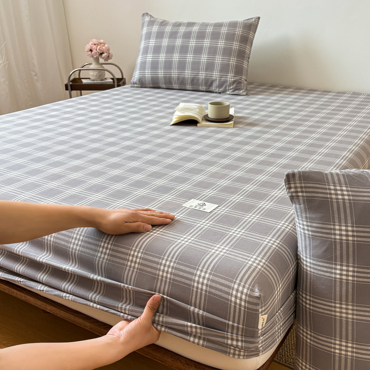 91家纺网 家纺一手货源 找家纺 居眠 2026新款单层色织水洗格子全棉床笠 单层款-马丁灰