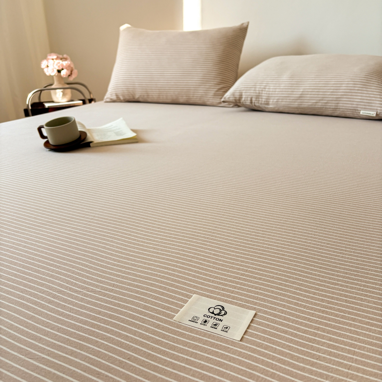 91家纺网 家纺一手货源 找家纺 居眠 2026新款单层色织水洗格子全棉床笠 单层款-米细条