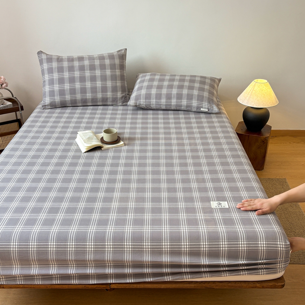 91家纺网 家纺一手货源 找家纺 居眠 2026新款单层色织水洗格子全棉床笠 单层款-马丁灰