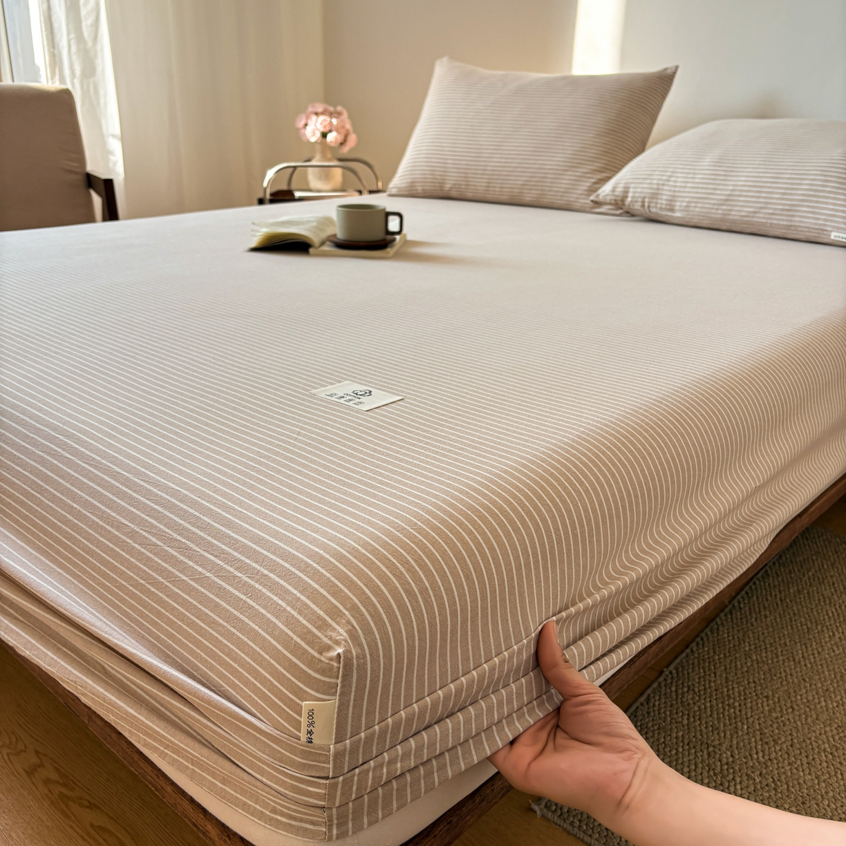 91家纺网 家纺一手货源 找家纺 居眠 2026新款单层色织水洗格子全棉床笠 单层款-米细条