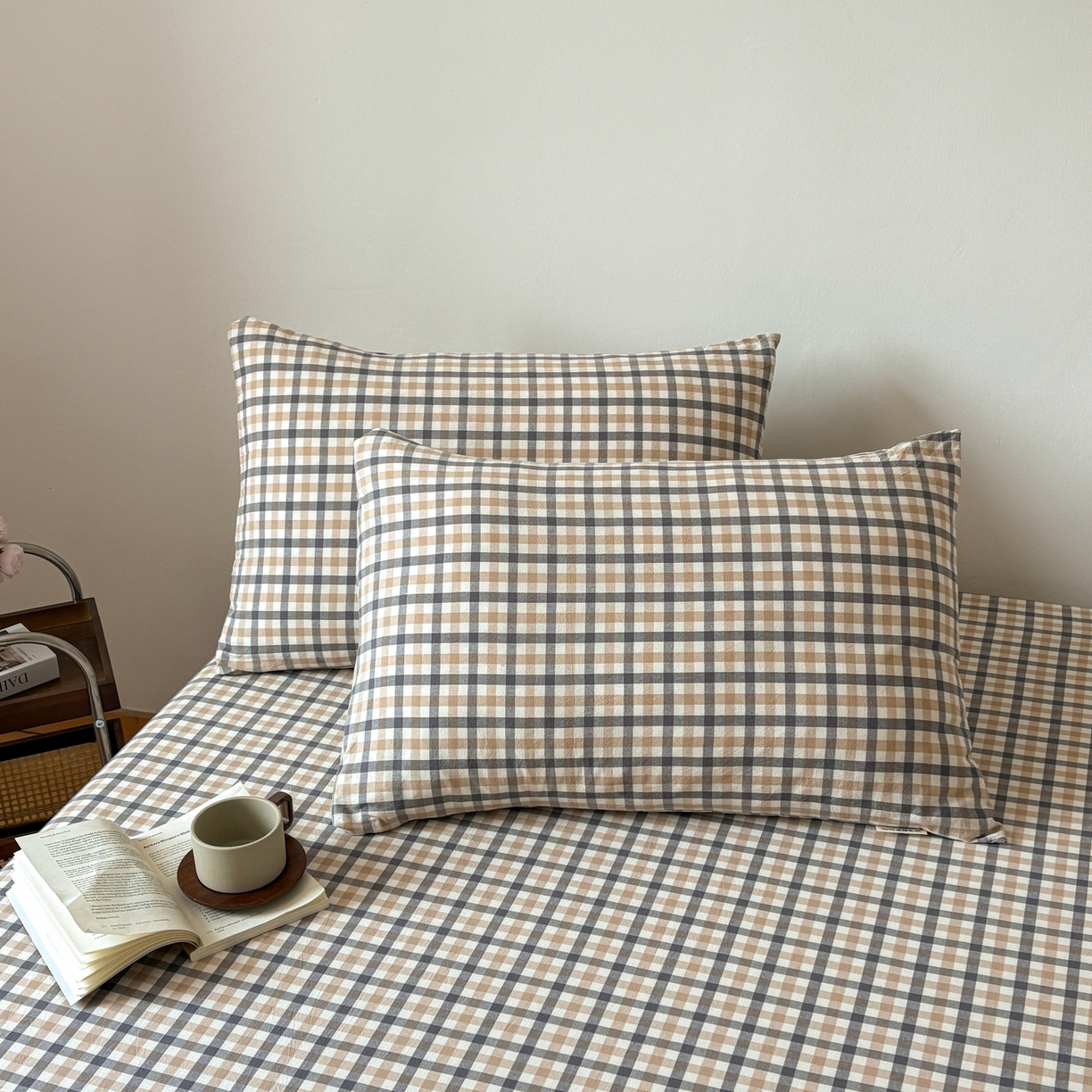 91家纺网 家纺一手货源 找家纺 居眠 2026新款单层色织水洗格子全棉床笠 单层款-印月灰