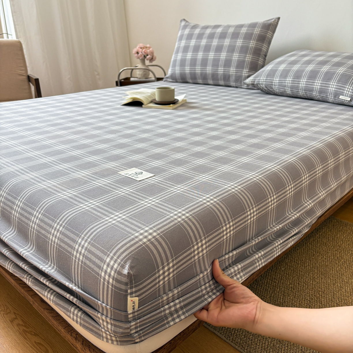 91家纺网 家纺一手货源 找家纺 居眠 2026新款单层色织水洗格子全棉床笠 单层款-马丁灰