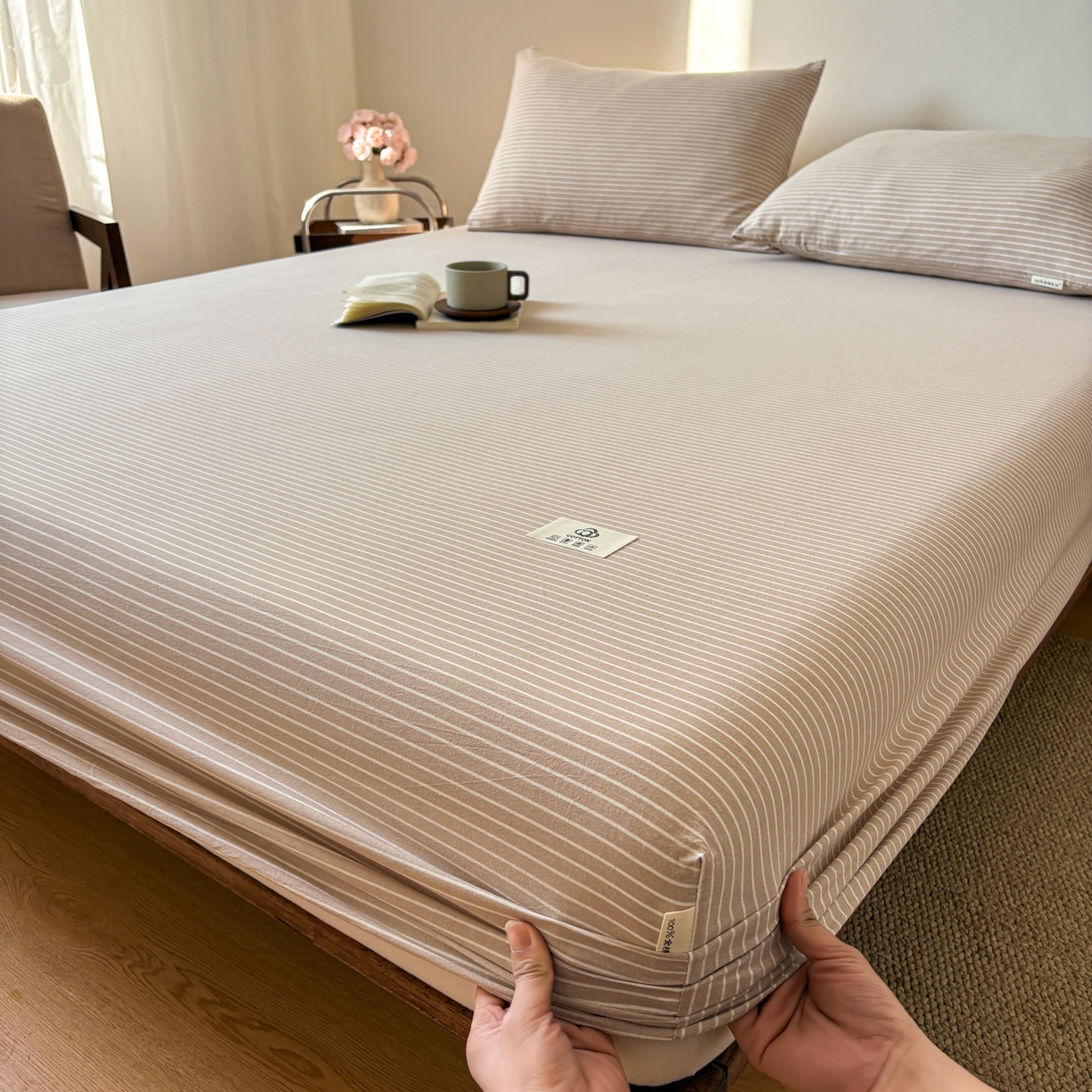 91家纺网 家纺一手货源 找家纺 居眠 2026新款单层色织水洗格子全棉床笠 单层款-米细条