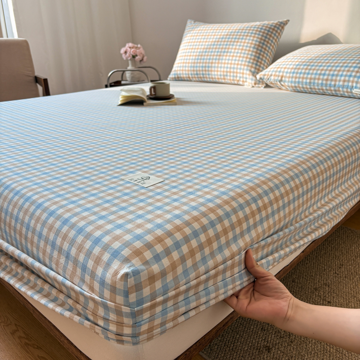 91家纺网 家纺一手货源 找家纺 居眠 2026新款单层色织水洗格子全棉床笠 单层款-印月兰