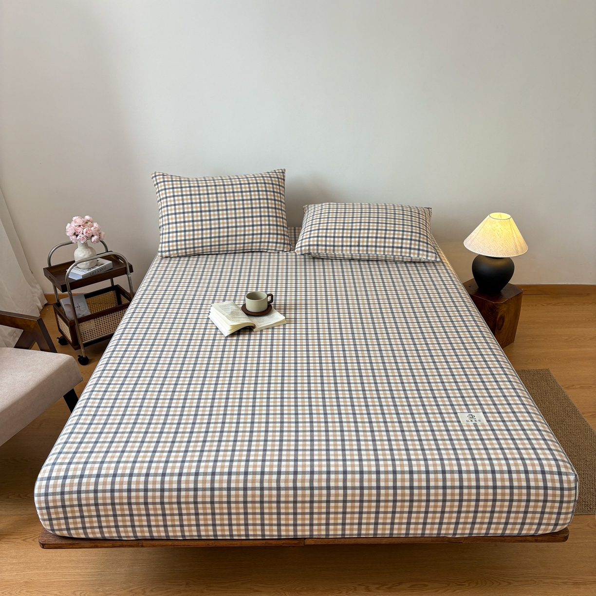 91家纺网 家纺一手货源 找家纺 居眠 2026新款单层色织水洗格子全棉床笠 单层款-印月灰