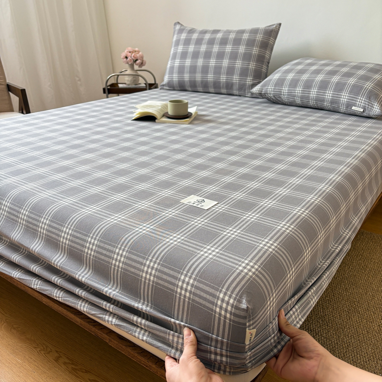 91家纺网 家纺一手货源 找家纺 居眠 2026新款单层色织水洗格子全棉床笠 单层款-马丁灰