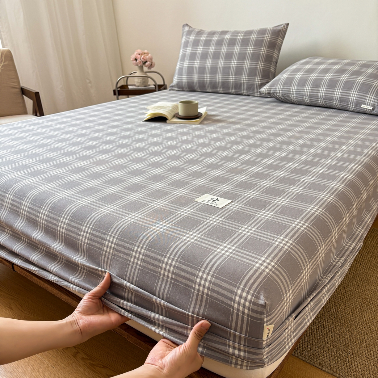91家纺网 家纺一手货源 找家纺 居眠 2026新款单层色织水洗格子全棉床笠 单层款-马丁灰