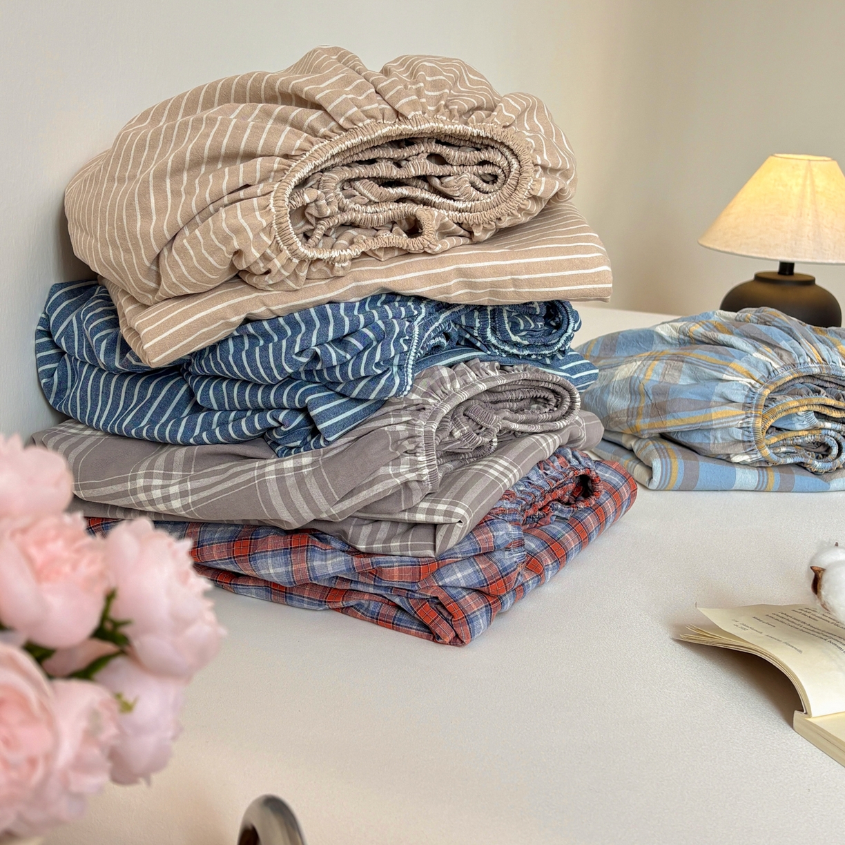 91家纺网 家纺一手货源 找家纺 居眠 2026新款单层色织水洗格子全棉床笠 组合叠拍