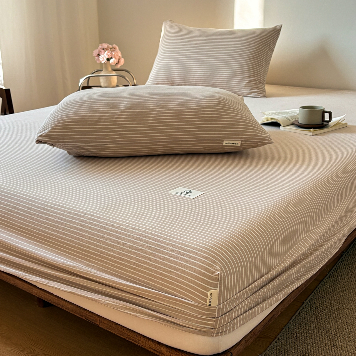 91家纺网 家纺一手货源 找家纺 居眠 2026新款单层色织水洗格子全棉床笠 单层款-米细条