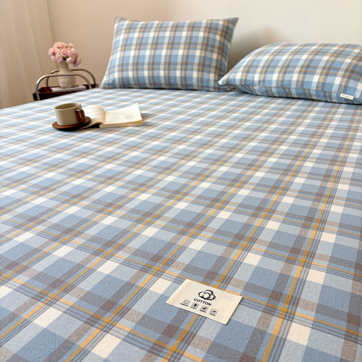 91家纺网 家纺一手货源 找家纺 居眠 2026新款单层色织水洗格子全棉床笠 单层款-简兮兰