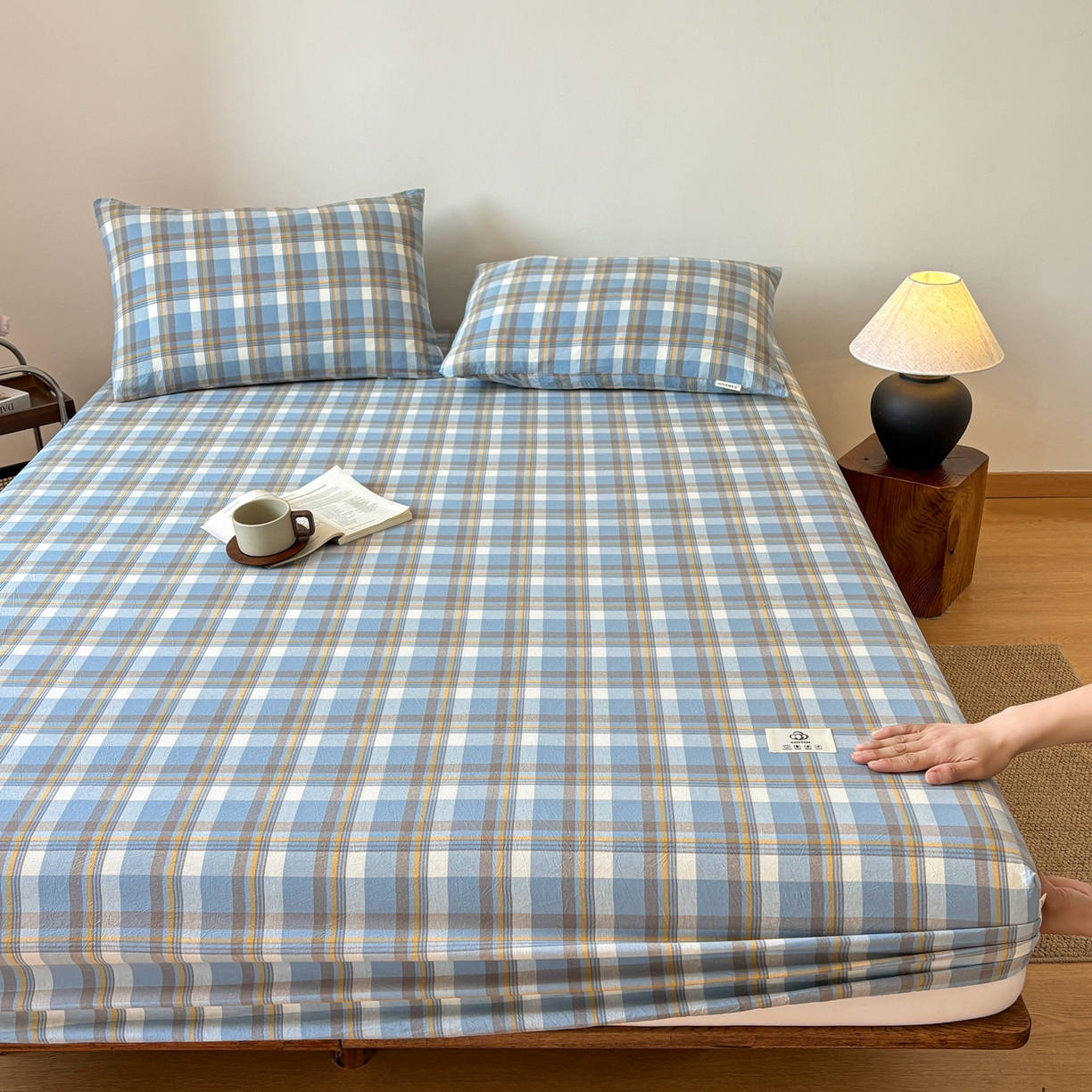 91家纺网 家纺一手货源 找家纺 居眠 2026新款单层色织水洗格子全棉床笠 单层款-简兮兰