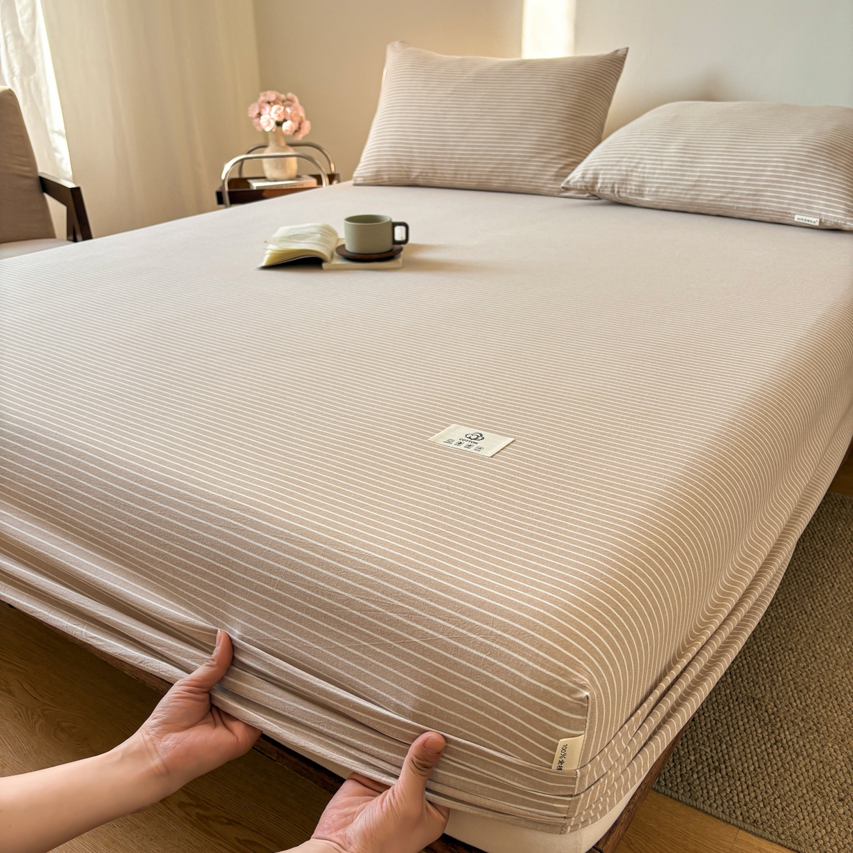 91家纺网 家纺一手货源 找家纺 居眠 2026新款单层色织水洗格子全棉床笠 单层款-米细条