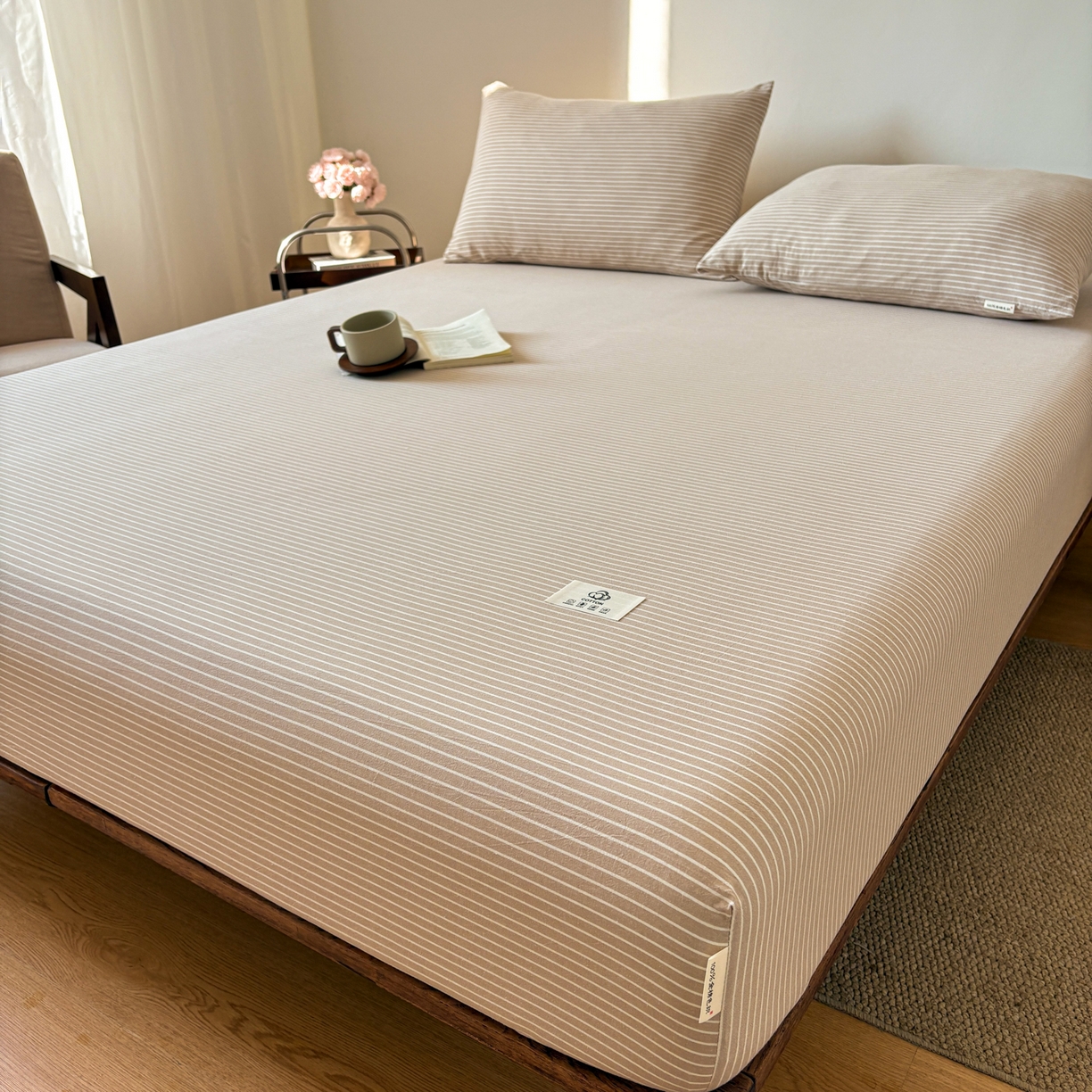 91家纺网 家纺一手货源 找家纺 居眠 2026新款单层色织水洗格子全棉床笠 单层款-米细条