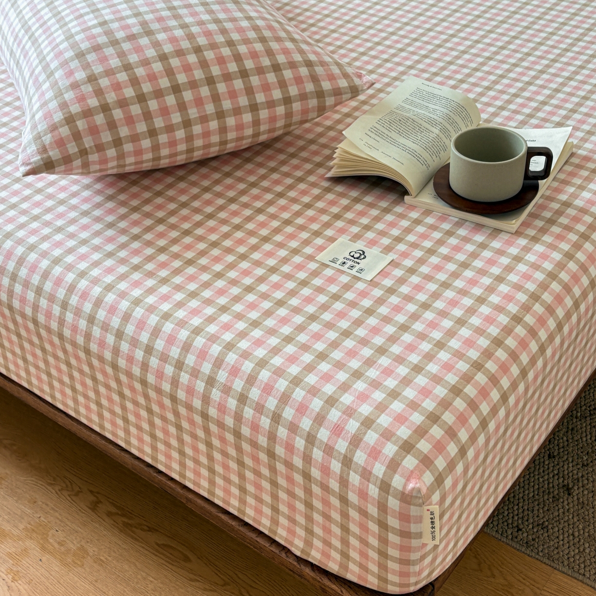 91家纺网 家纺一手货源 找家纺 居眠 2026新款单层色织水洗格子全棉床笠 单层款-印月粉