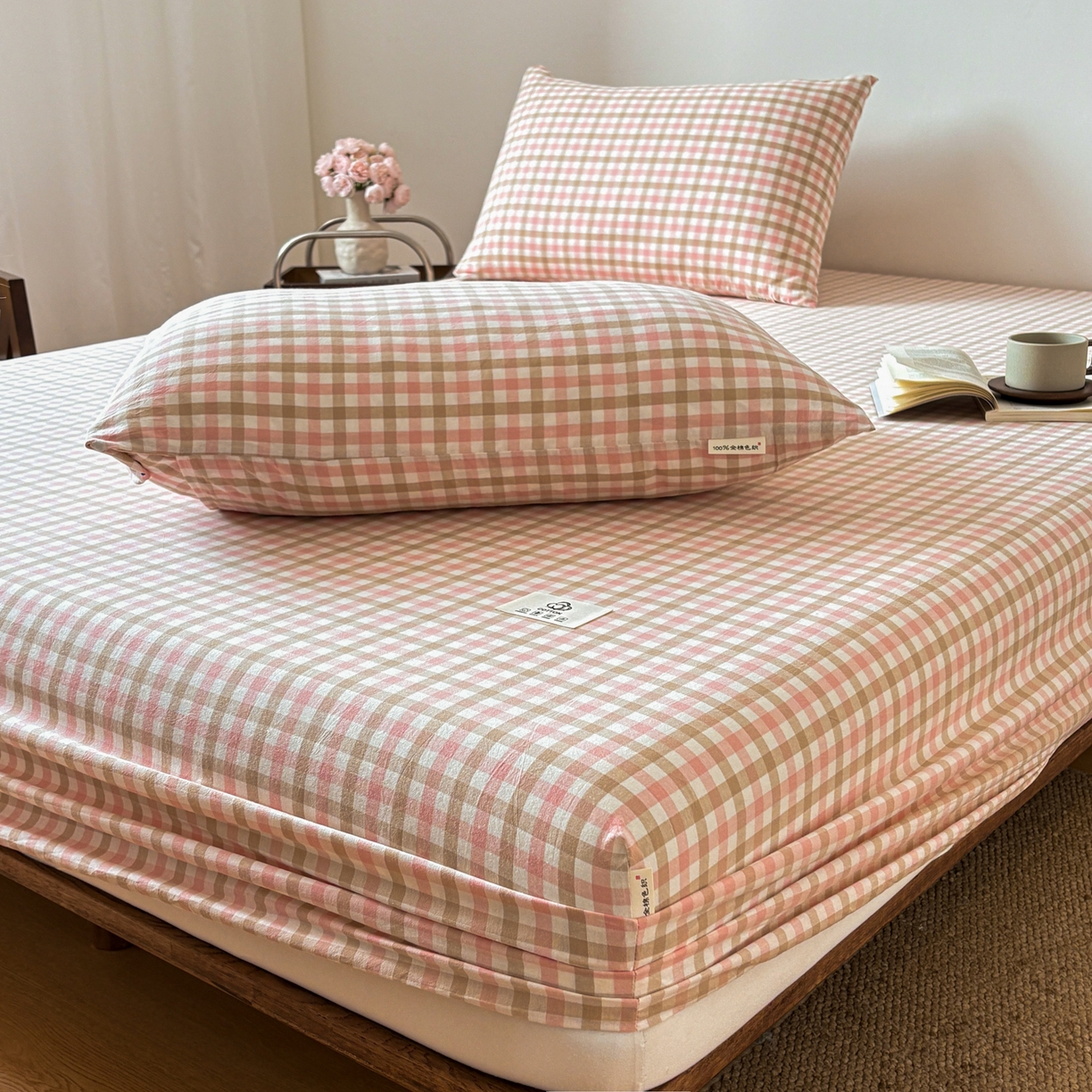 91家纺网 家纺一手货源 找家纺 居眠 2026新款单层色织水洗格子全棉床笠 单层款-印月粉