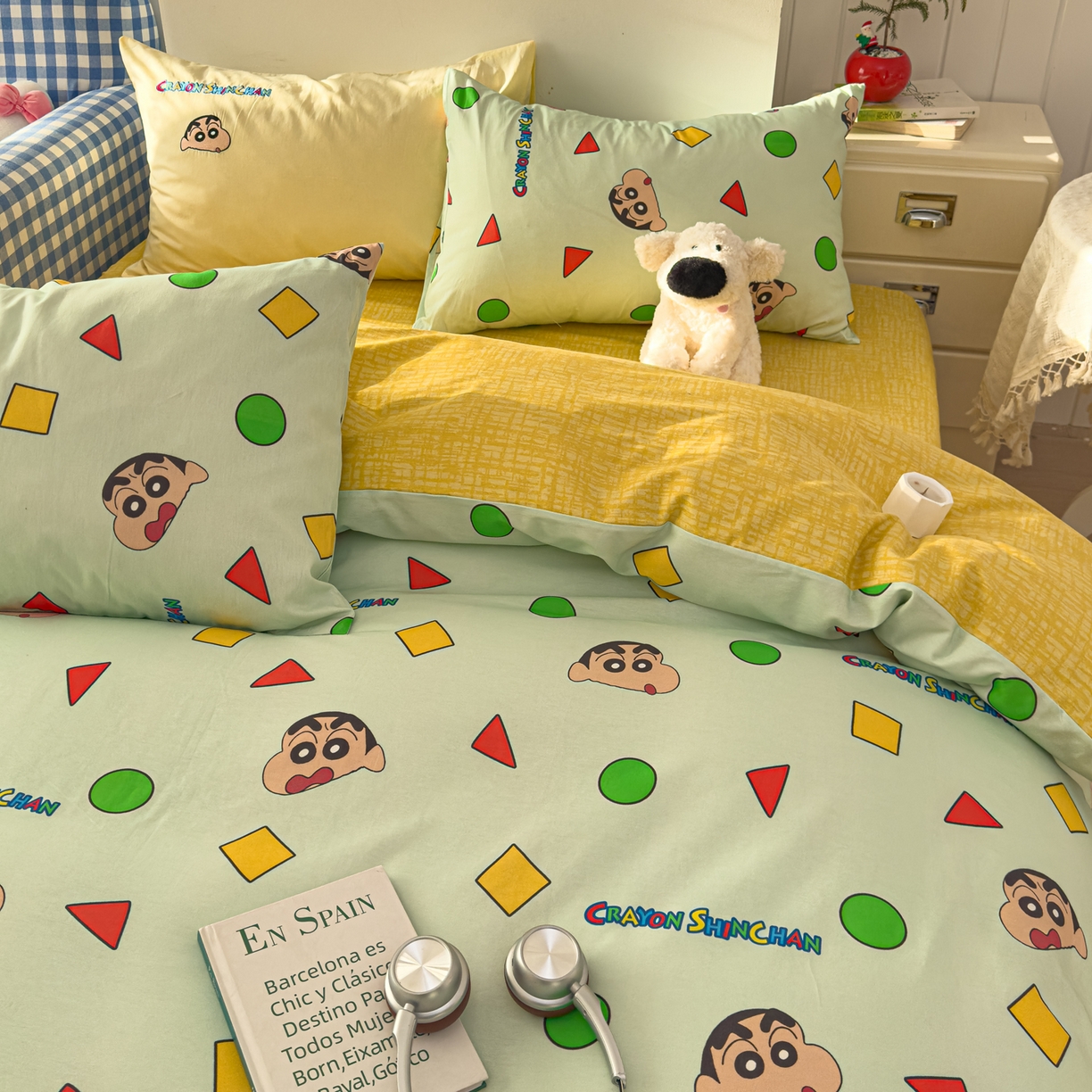 91家纺网 家纺一手货源 找家纺 桃子家居 2026新款A类蜡笔小新正版授权刺绣混搭枕套卡通印花系列四件套 棉蜡笔小新-快乐小新