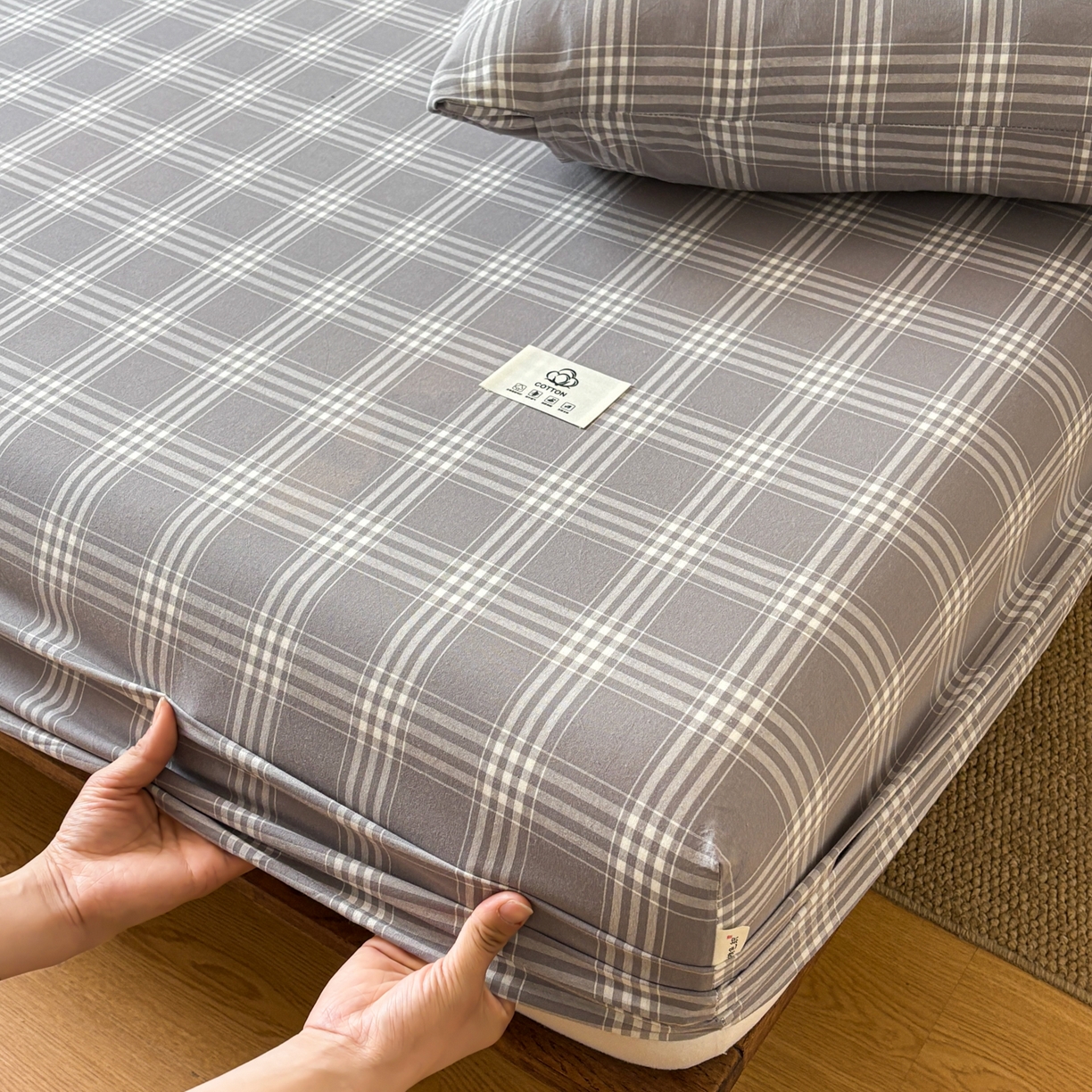 91家纺网 家纺一手货源 找家纺 居眠 2026新款单层色织水洗格子全棉床笠 单层款-马丁灰