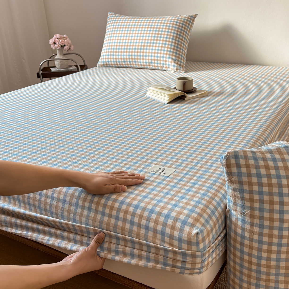 91家纺网 家纺一手货源 找家纺 居眠 2026新款单层色织水洗格子全棉床笠 单层款-印月兰