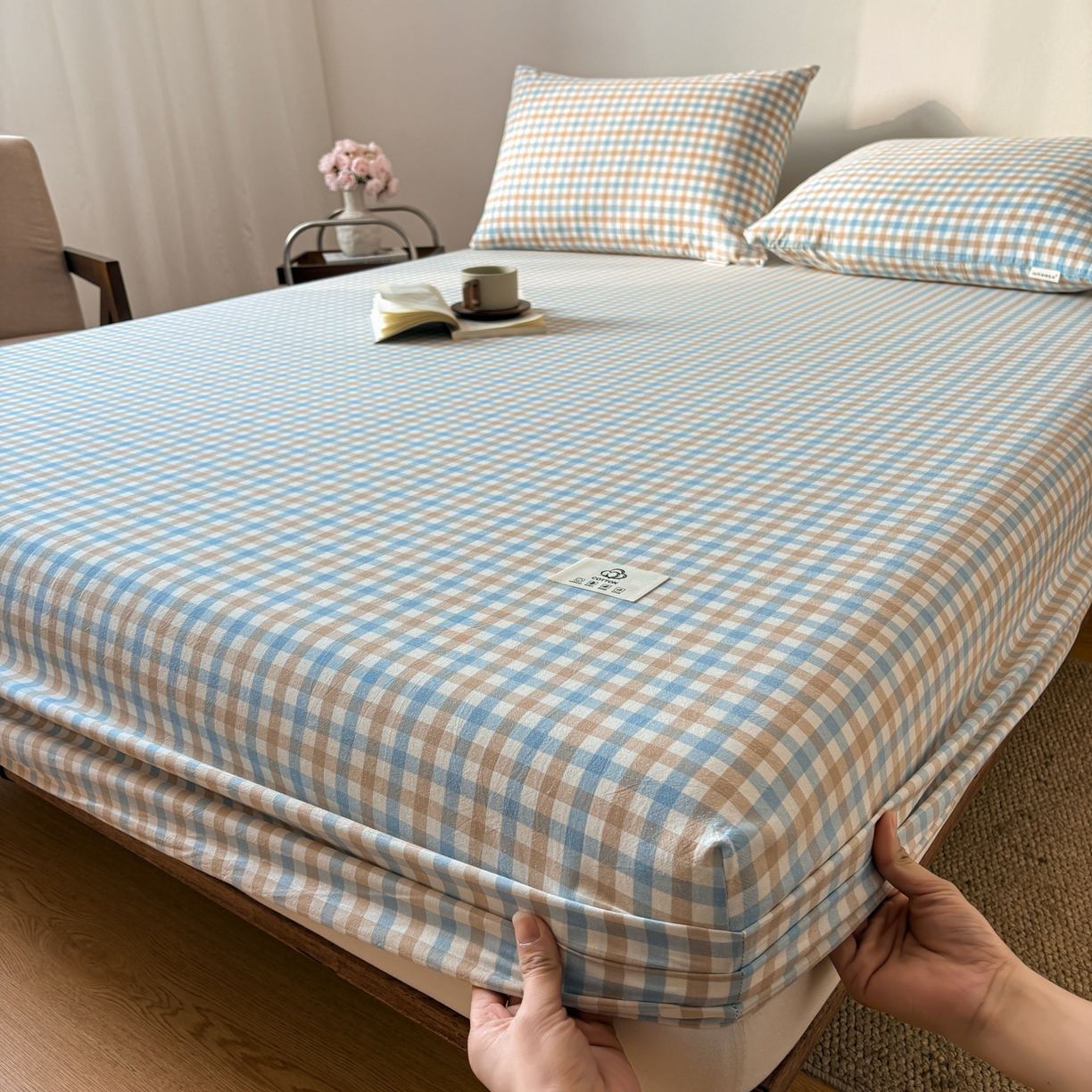 91家纺网 家纺一手货源 找家纺 居眠 2026新款单层色织水洗格子全棉床笠 单层款-印月兰