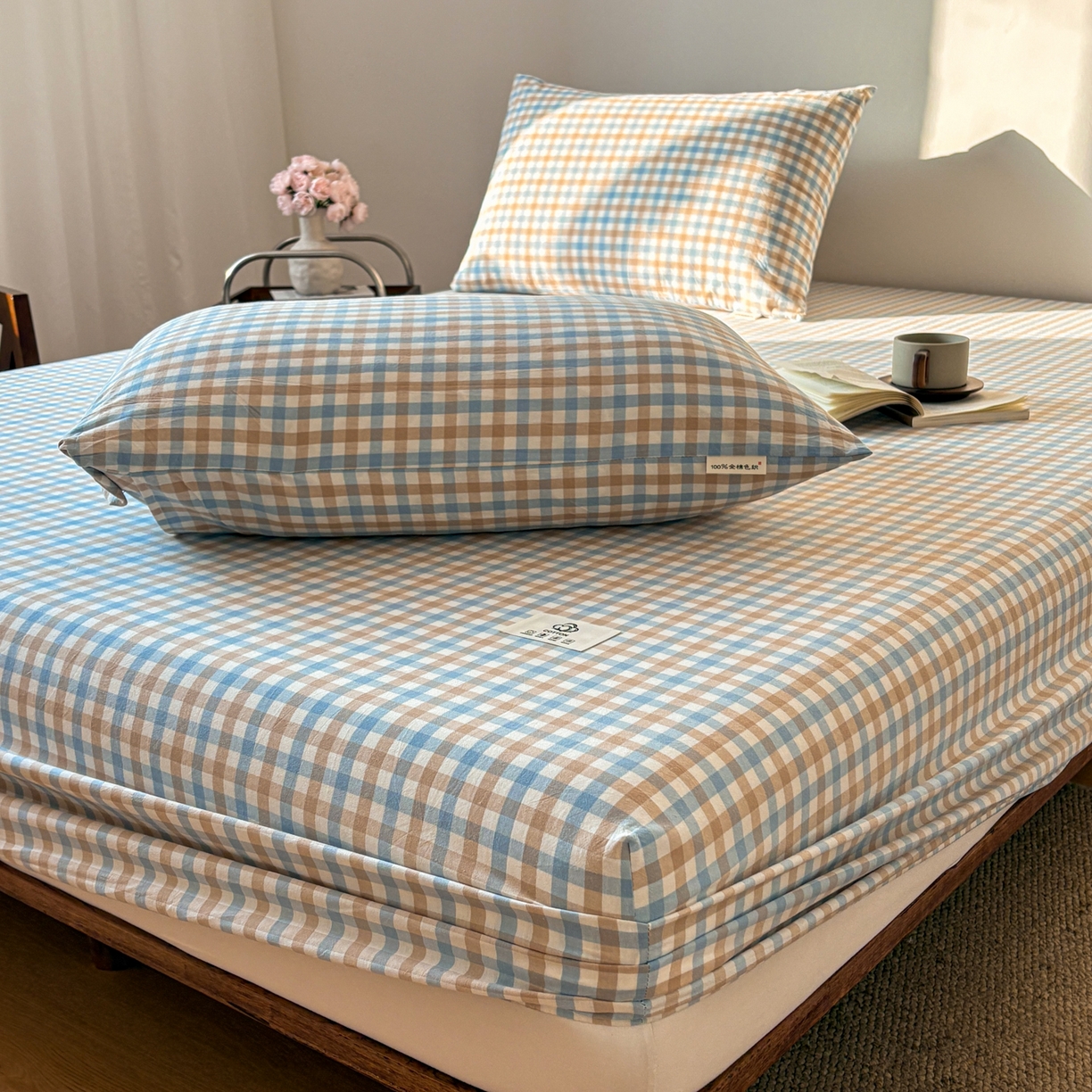 91家纺网 家纺一手货源 找家纺 居眠 2026新款单层色织水洗格子全棉床笠 单层款-印月兰