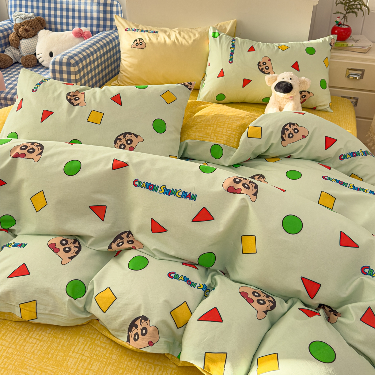 91家纺网 家纺一手货源 找家纺 桃子家居 2026新款A类蜡笔小新正版授权刺绣混搭枕套卡通印花系列四件套 棉蜡笔小新-快乐小新