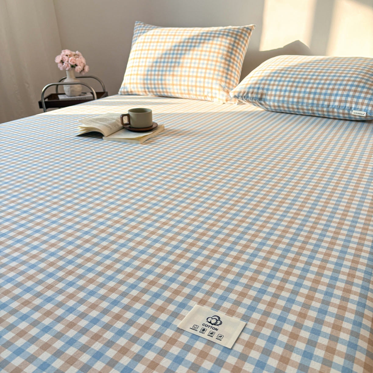 91家纺网 家纺一手货源 找家纺 居眠 2026新款单层色织水洗格子全棉床笠 单层款-印月兰